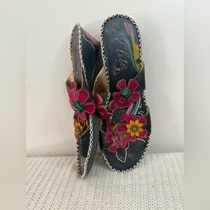 Elite by Corkys Leather Floral Slide Sandals with Pink & Yellow Accents size 38